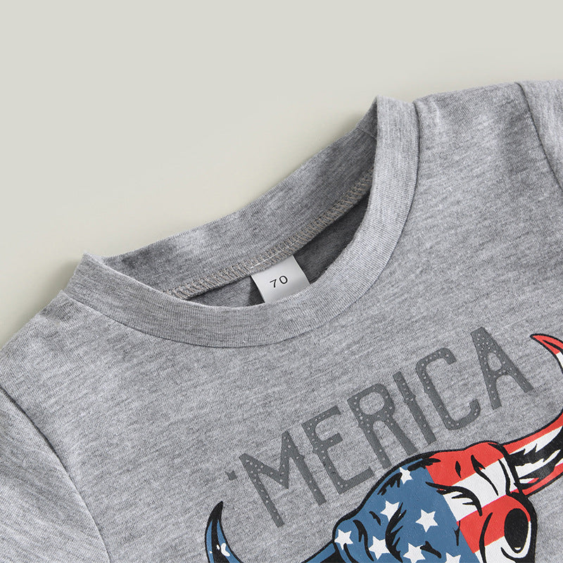 Wholesale Cotton 2023 Independence Day Bull Head T-Shirt Tassel Shorts Set